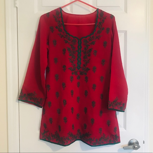 Red & green Bollywood tunic kurthi top - Picture 2 of 8
